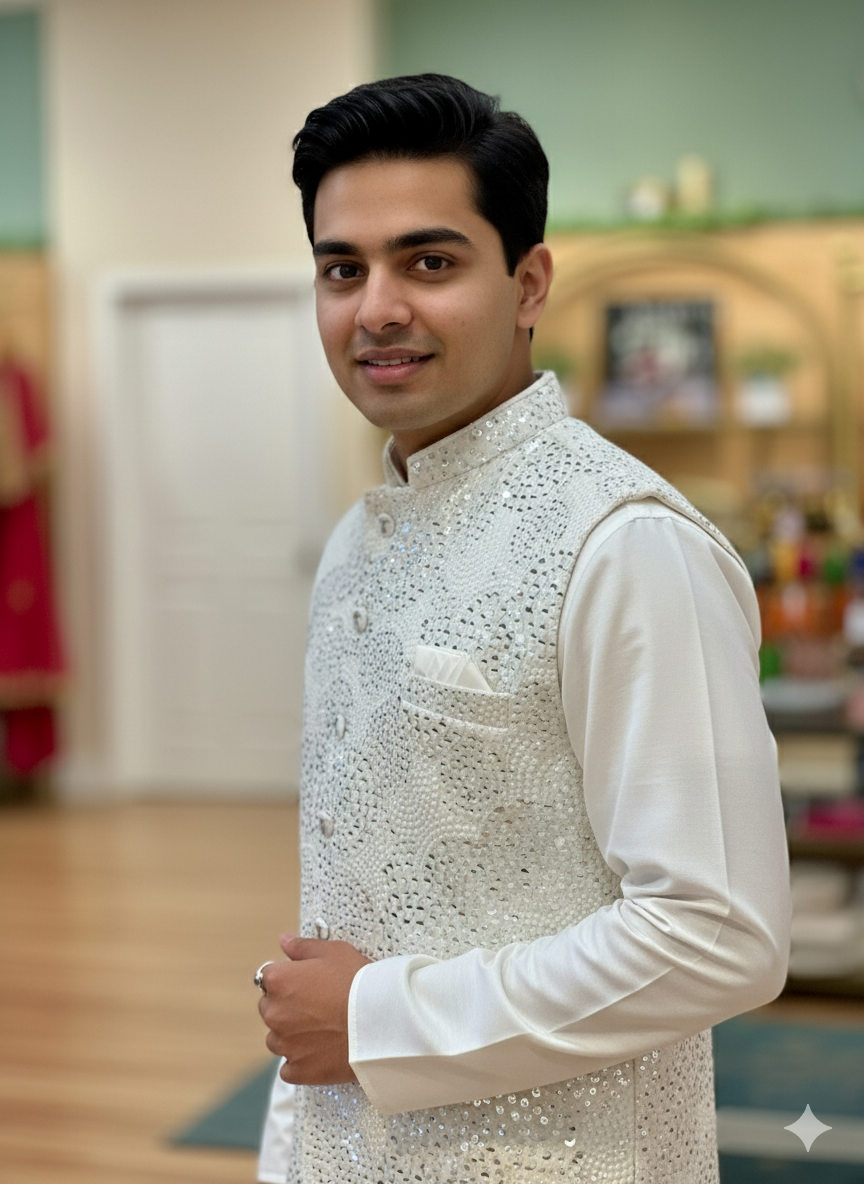 Pristine White Assymmetrical Kurta And Pajama WIth Embroidered Vest