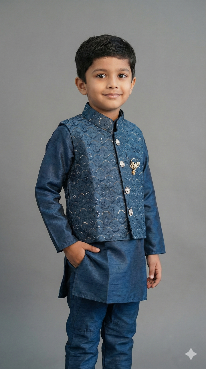 Teal Kurta Set With Sequins Vest