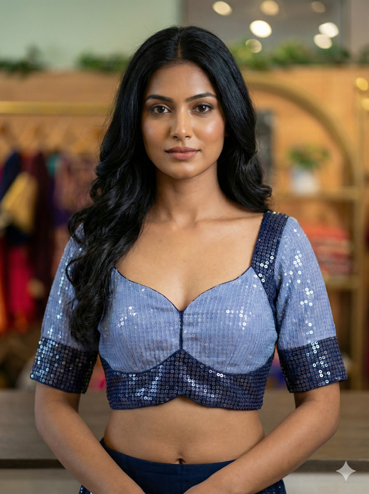 Light And Dark Blue Sequins Embroidered Madhubala Blouse