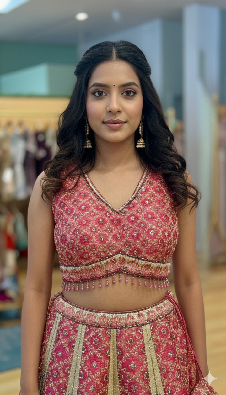 Pink And Gold Combination Embroidered Lehenga Set With Peacock Motifs