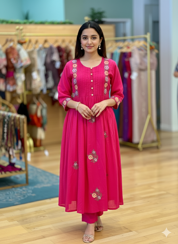 Hot Pink Mul Chanderi Anarkali Salwar set