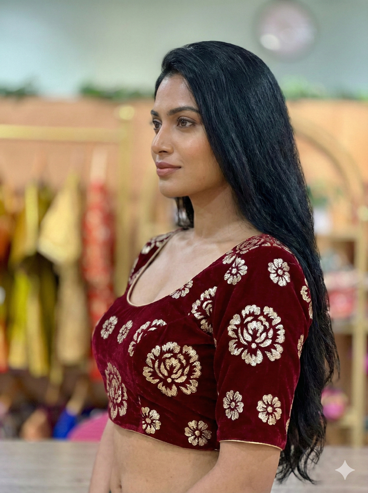Dark Maroon Velvet Embroidered Blouse