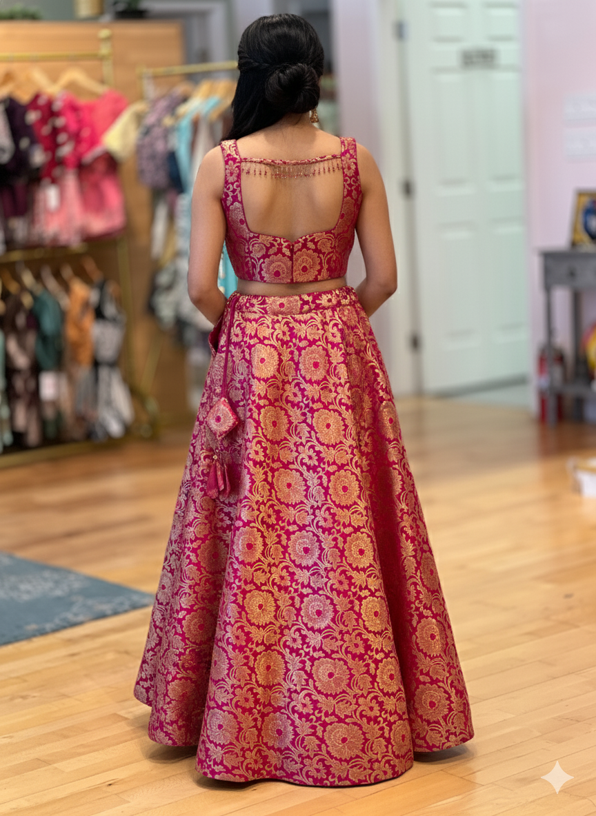 Pink Banarasi-Brocade Silk Lehenga And Blouse With White Dupatta