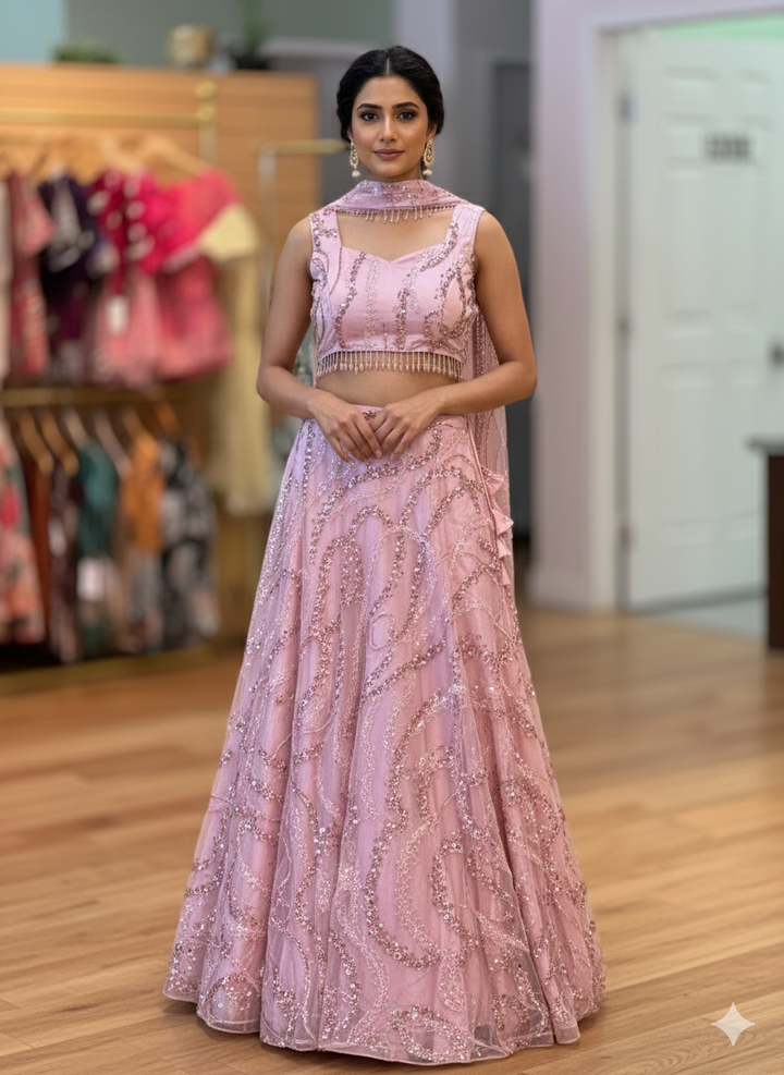 Pastel-Pink Cutdana Embroidered Lehenga with Choker-Dupatta