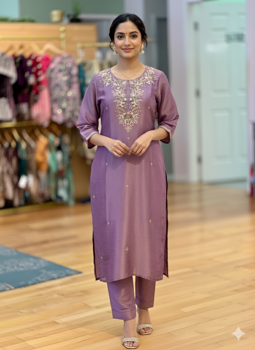 Faded Purple Tissue embroidered Salwar Set