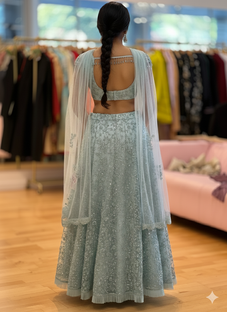 Pastel-Blue Cutdana Embroidered Lehenga with Madhubala-Cut Blouse