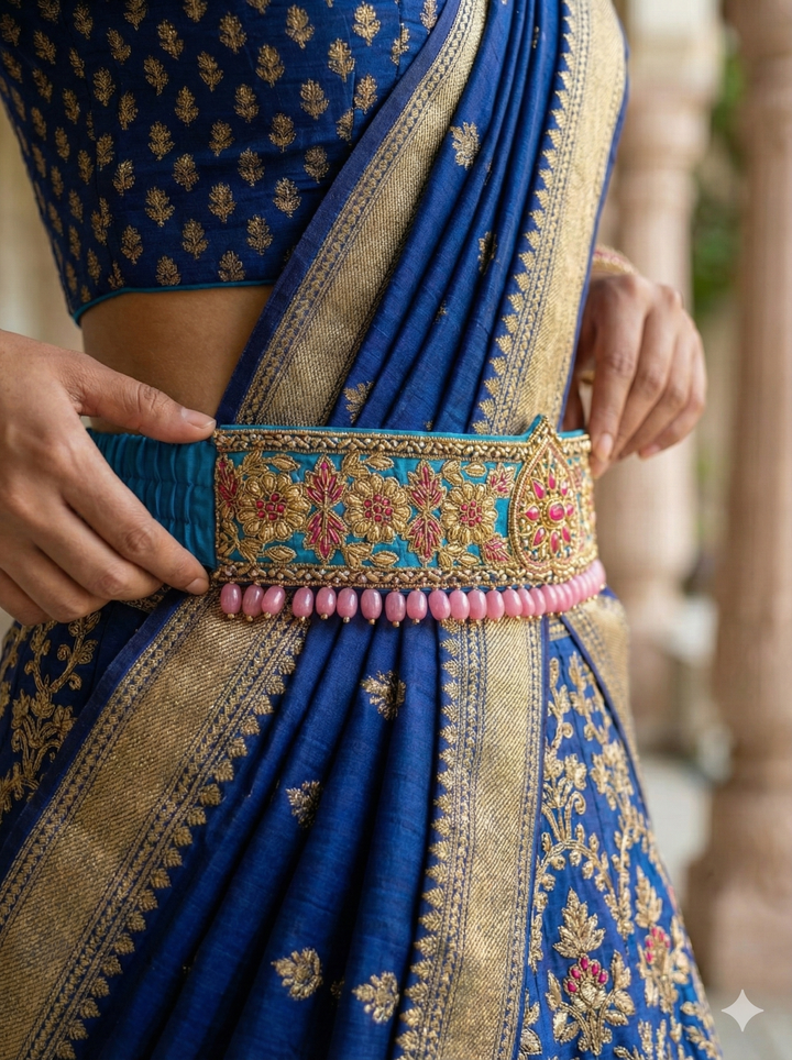 Blue and Pink Raw Silk Hand Embroidered Waist Belt
