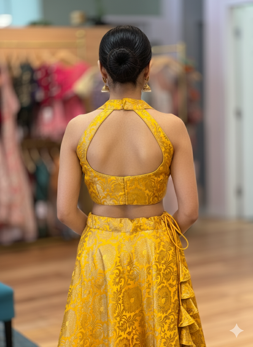 Yellow Banarasi-Silk Brocade Lehenga And Blouse With White Dupatta