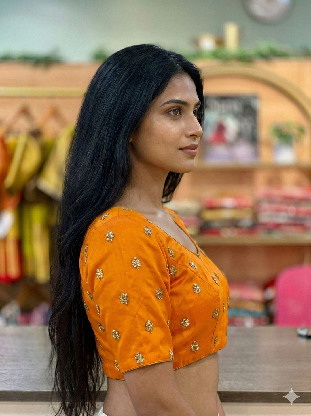 Bright Orange Blouse With Embroidered Motifs