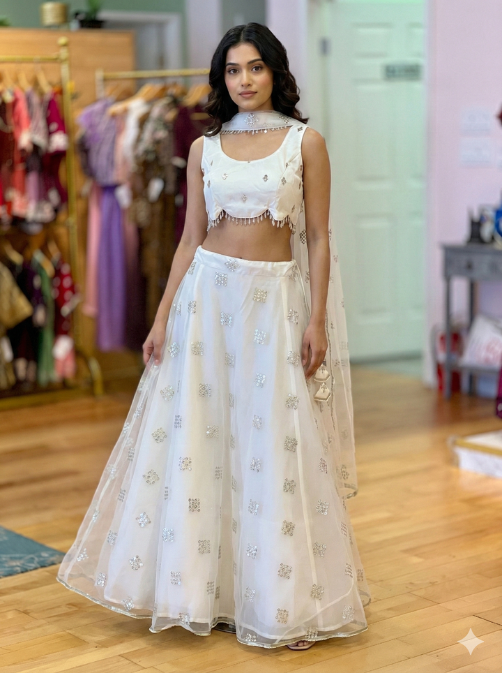 Pearl White And Gold Embroidered Lehenga Set