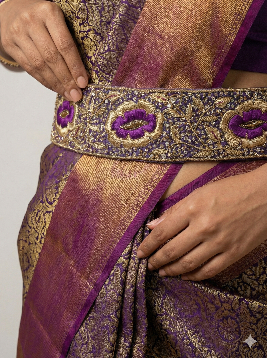 Purple Raw Silk Hand Embroidered Waist Belt