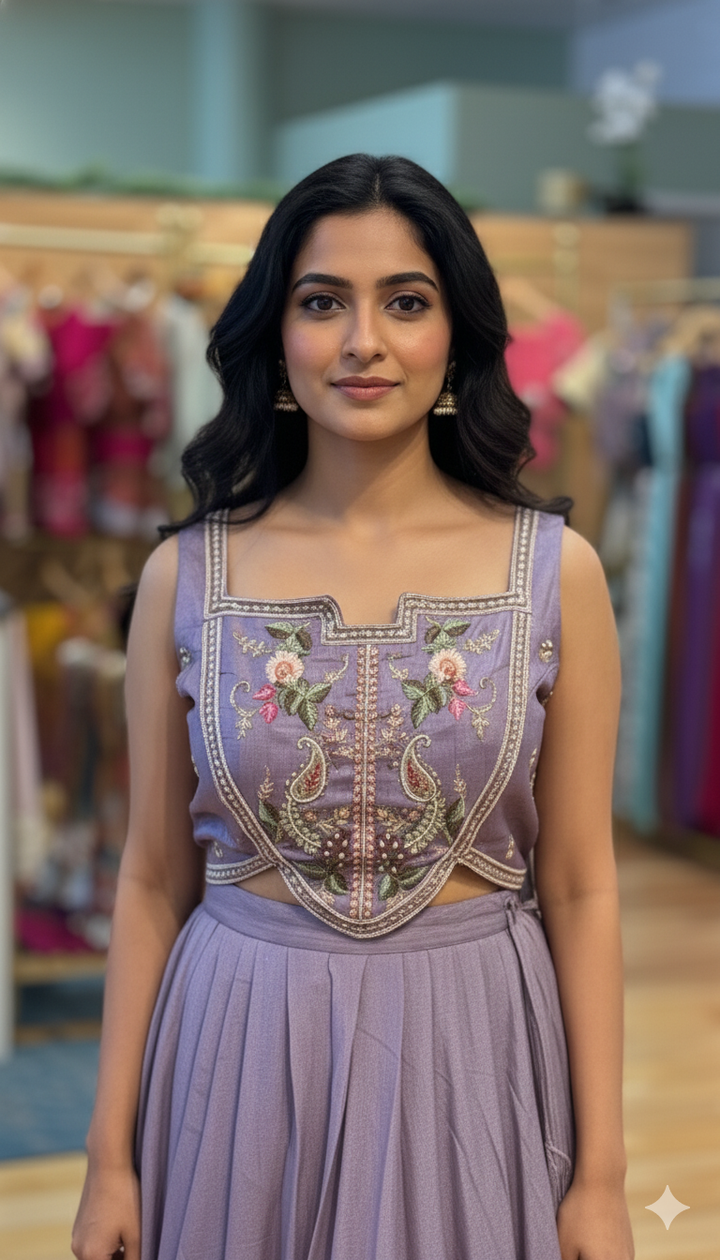 Heather Purple Sharara Set With Embroidered Blouse And Cape