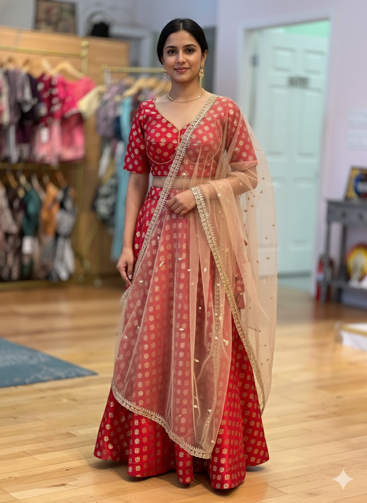 Red And Gold Banarasi Silk Brocade Lehenga Set