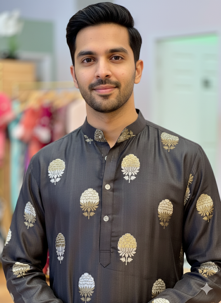 Black Banarasi Silk Kurta With Pajama