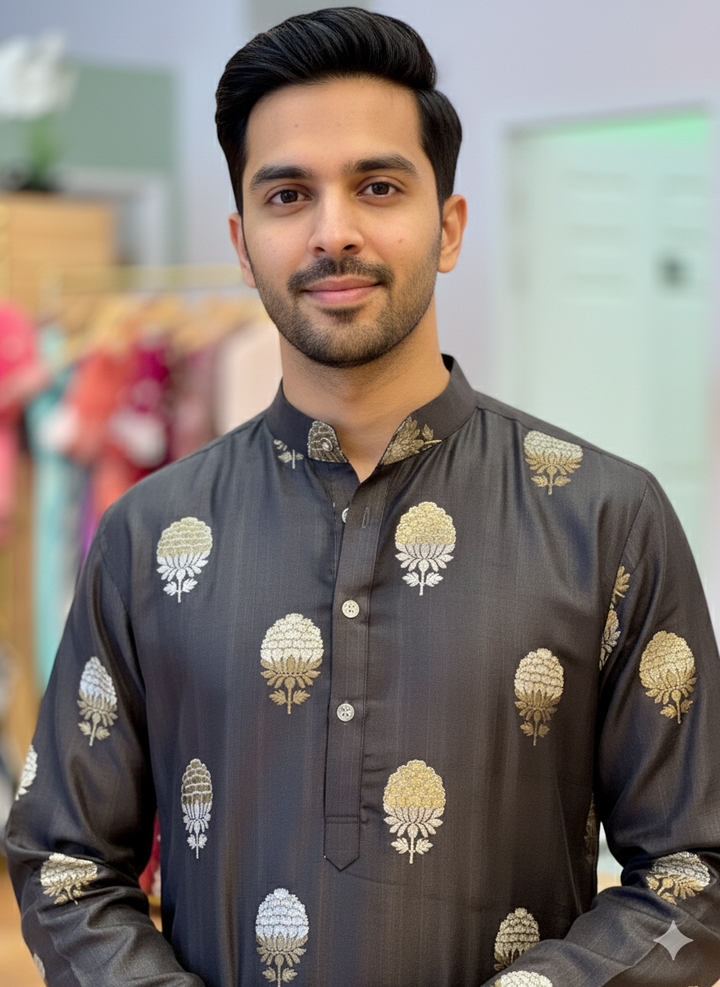Black Banarasi Silk Kurta With Pajama