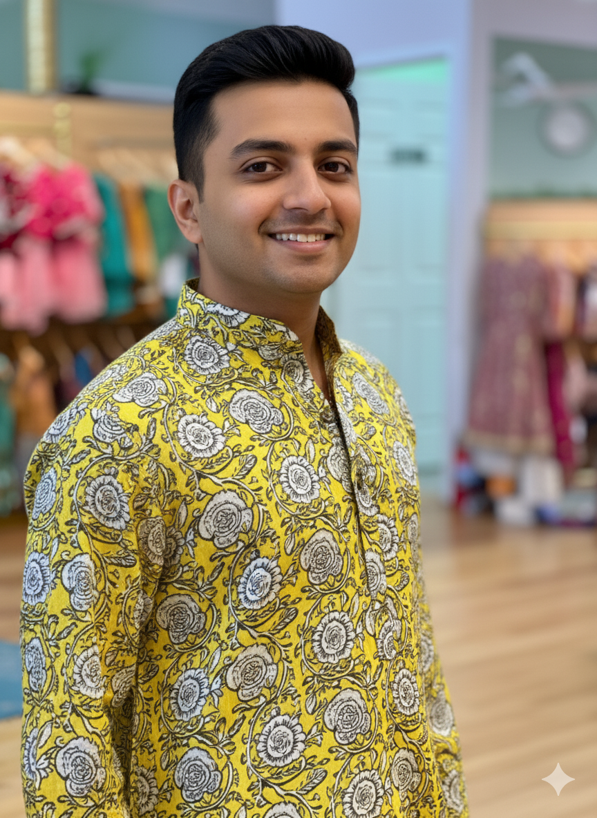 Yellow Gaji Silk Kalamkari Kurta