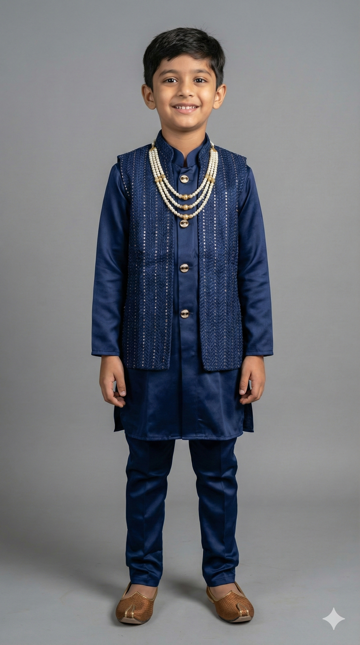 Midnight Blue Kurta Set with Sequins Vest