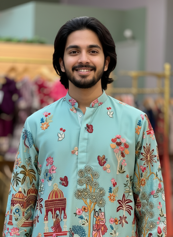 Aqua color Tree And Peacock Daman Work Kurta Pajama Set