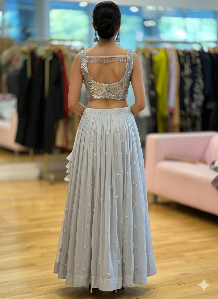 White Cutdana and Sequins Embroidered Lehenga set