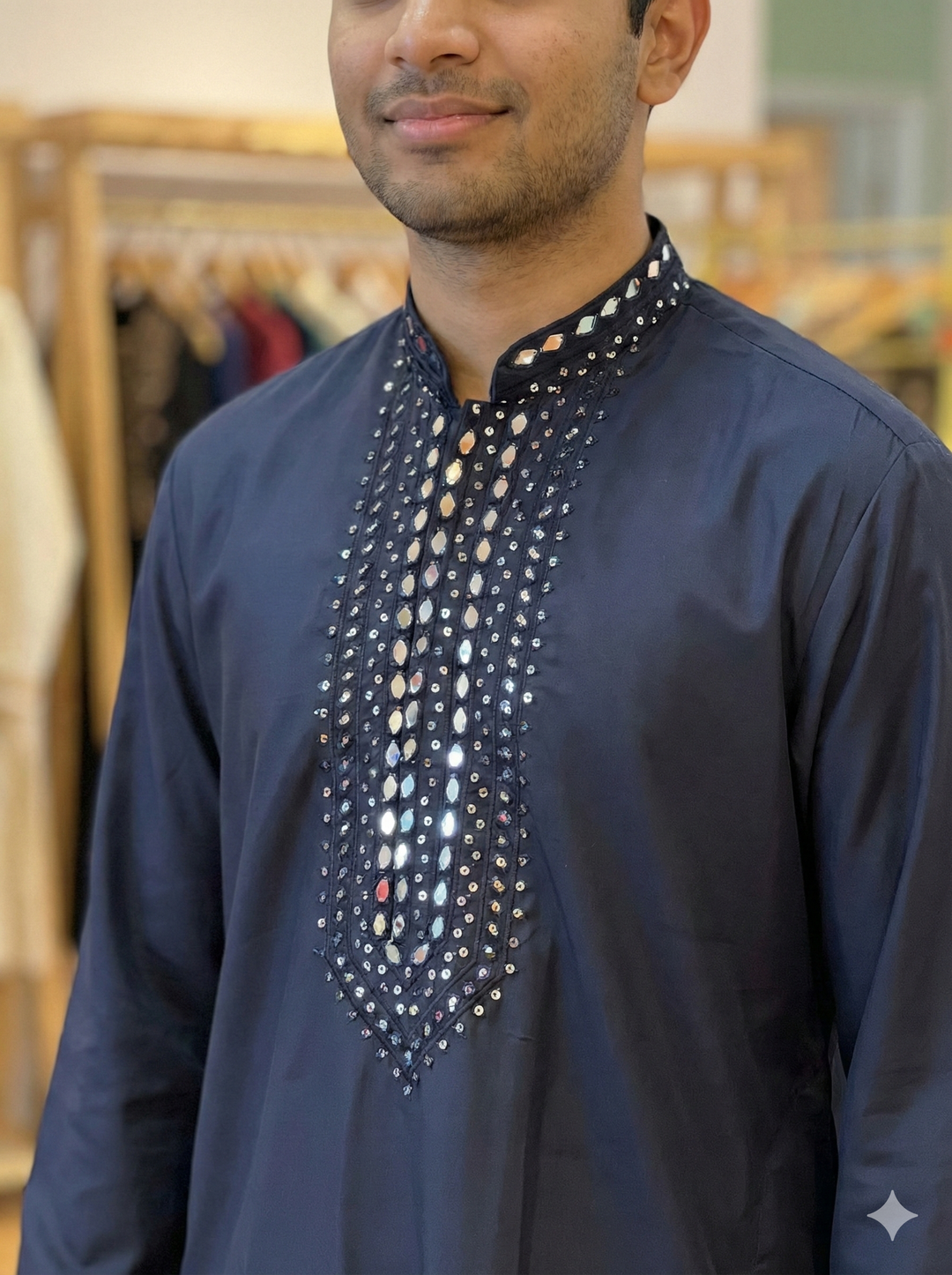Navy Blue Mirror Embroidered Kurta Set