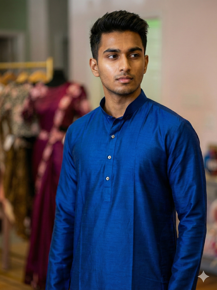 Royal Blue Plain Silk Kurta