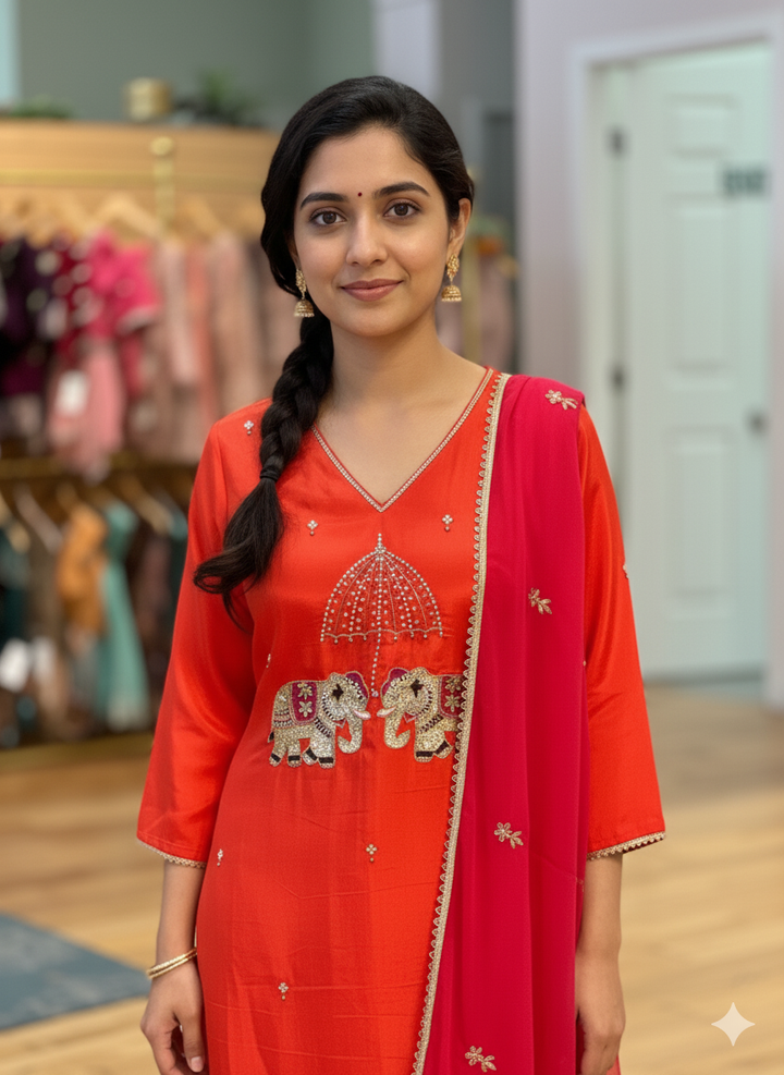 Orange and Pink Elephant Embroidered Set