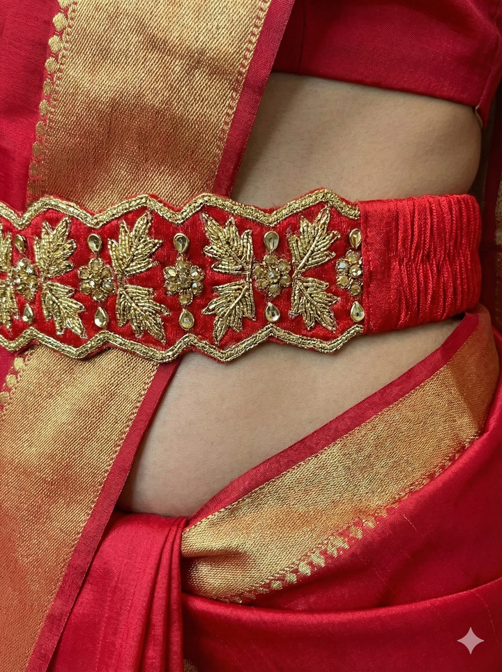 Red Raw Silk Hand Embroidered Waist Belt