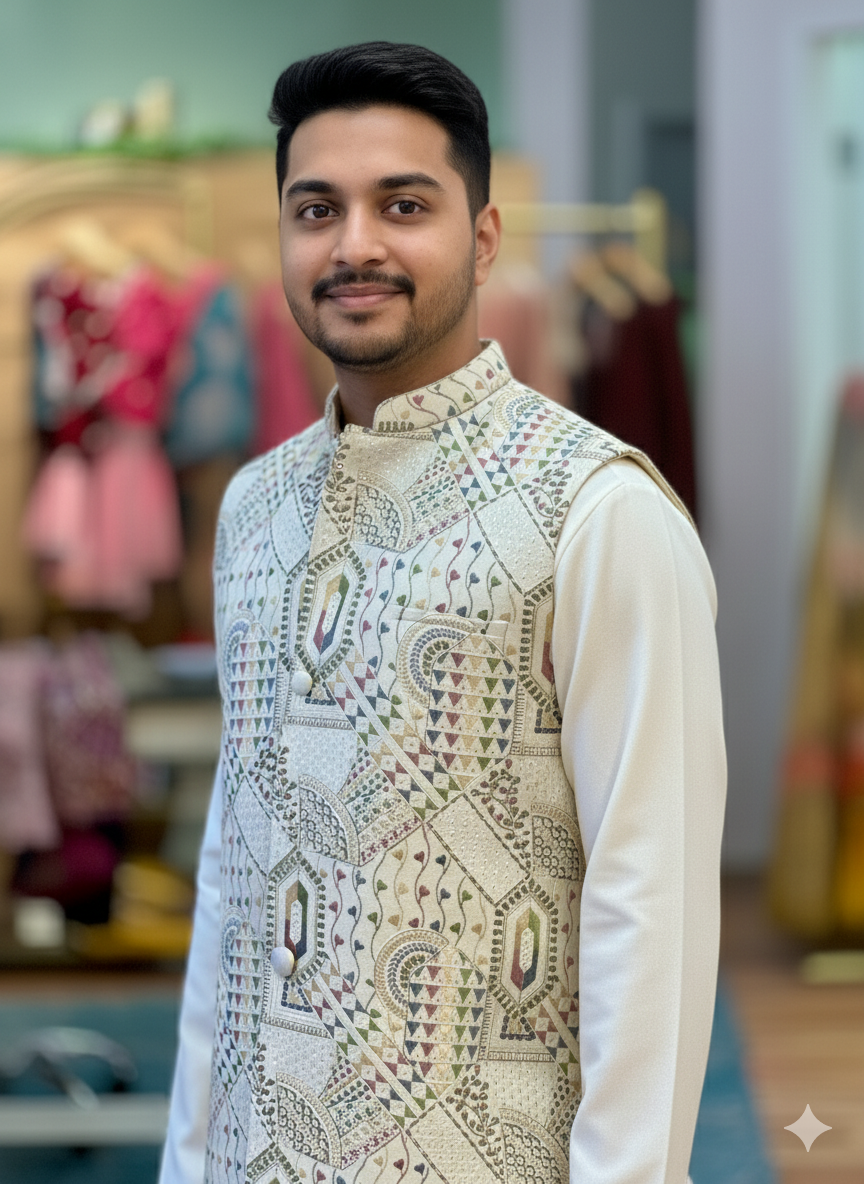 Cream Color Kurta Pajama With Embroidered Vest