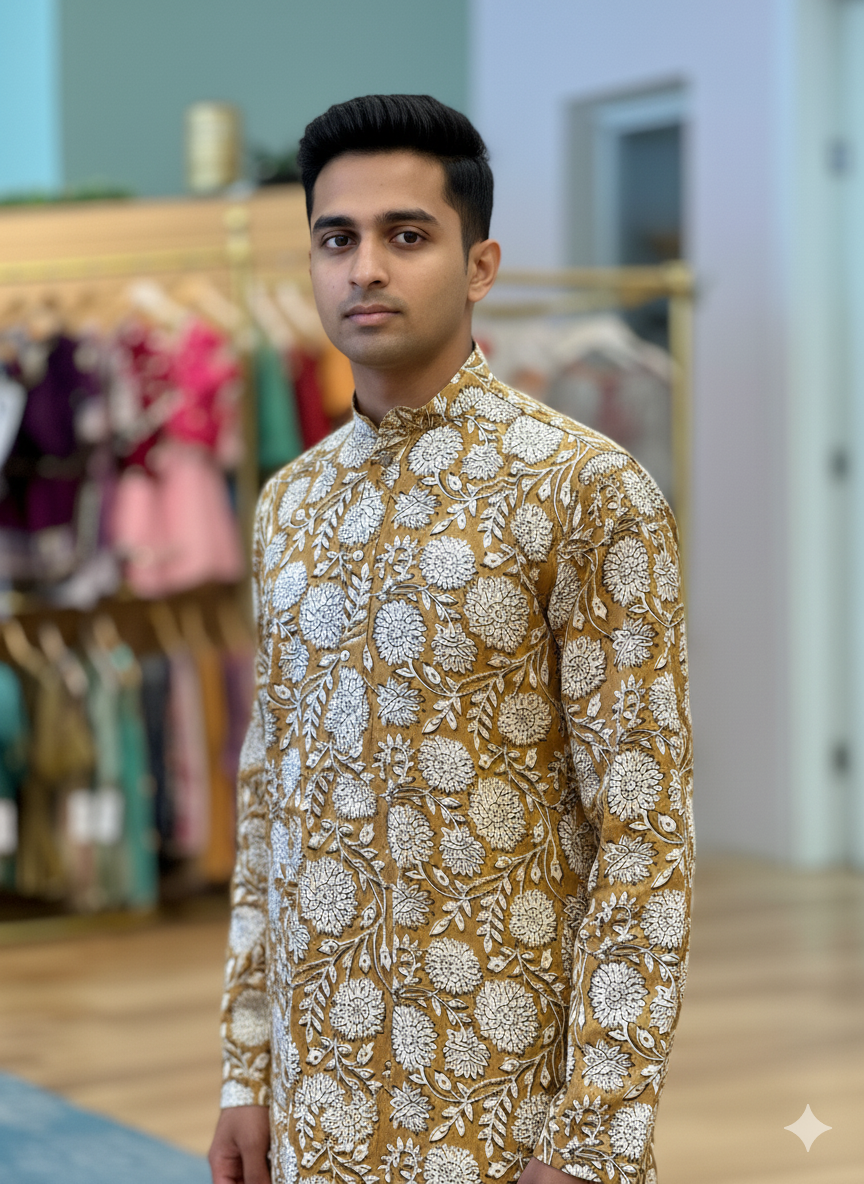 Floral Kalamkari Gaji-Silk Kurta