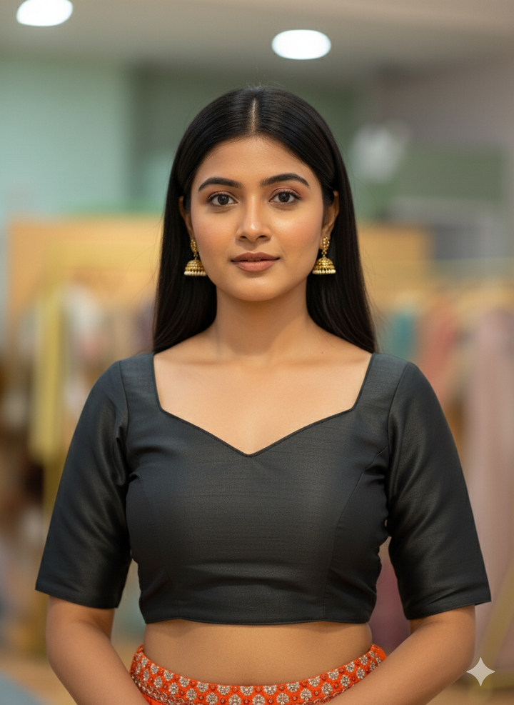 Black Plain Raw Silk Blouse