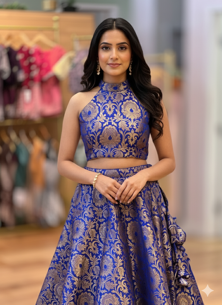 Blue Banarasi Silk Brocade Lehenga With Halter Neck Blouse And Gold Dupatta
