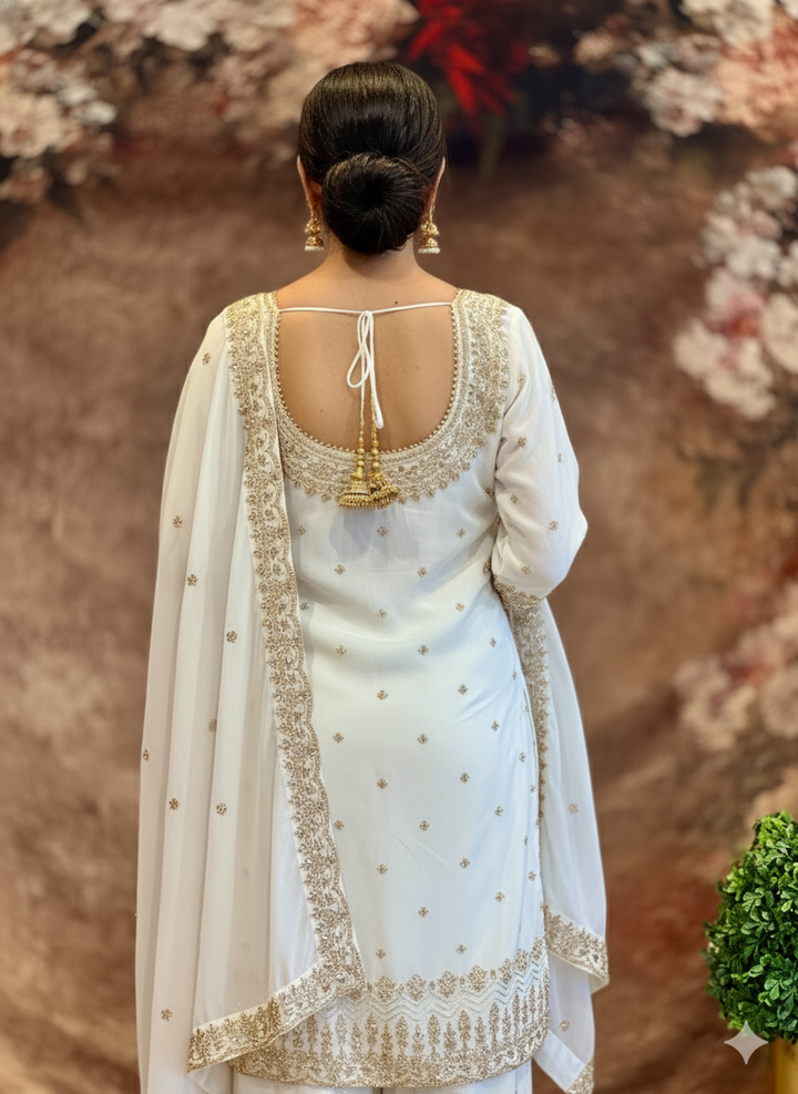 White Heavy-Embroidered Designer Sharara Set