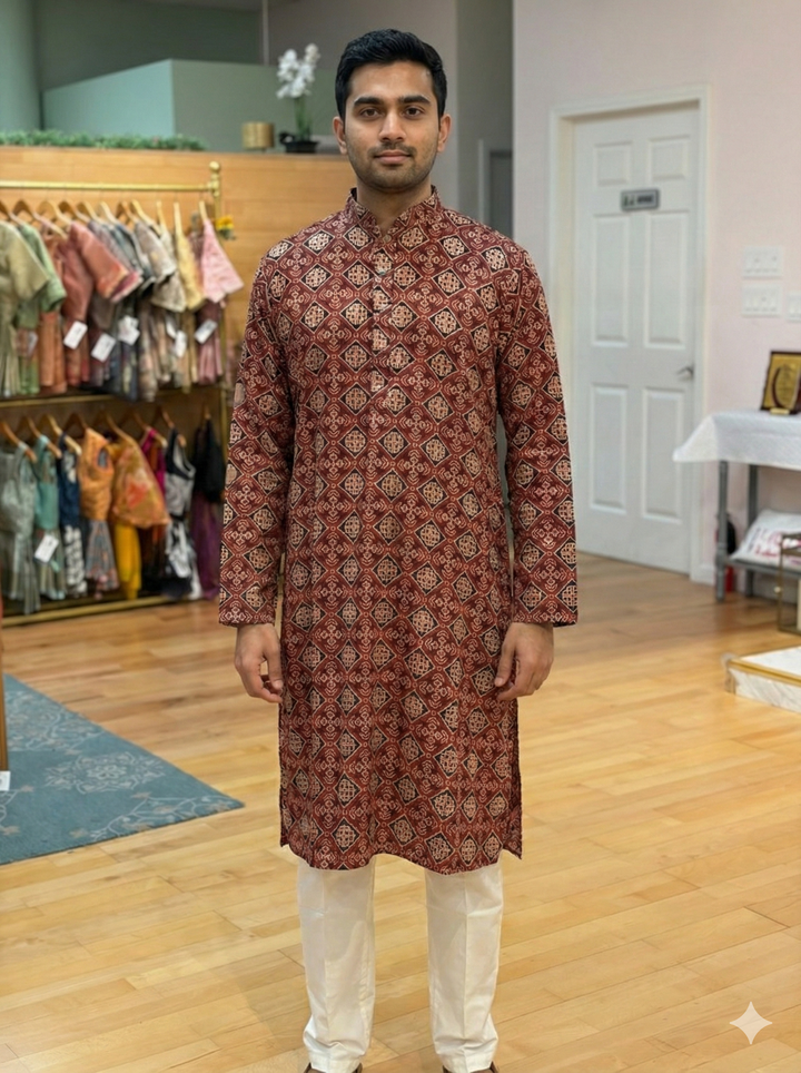 Maroon Gaji Silk Geometric Ajrakh Print Kurta