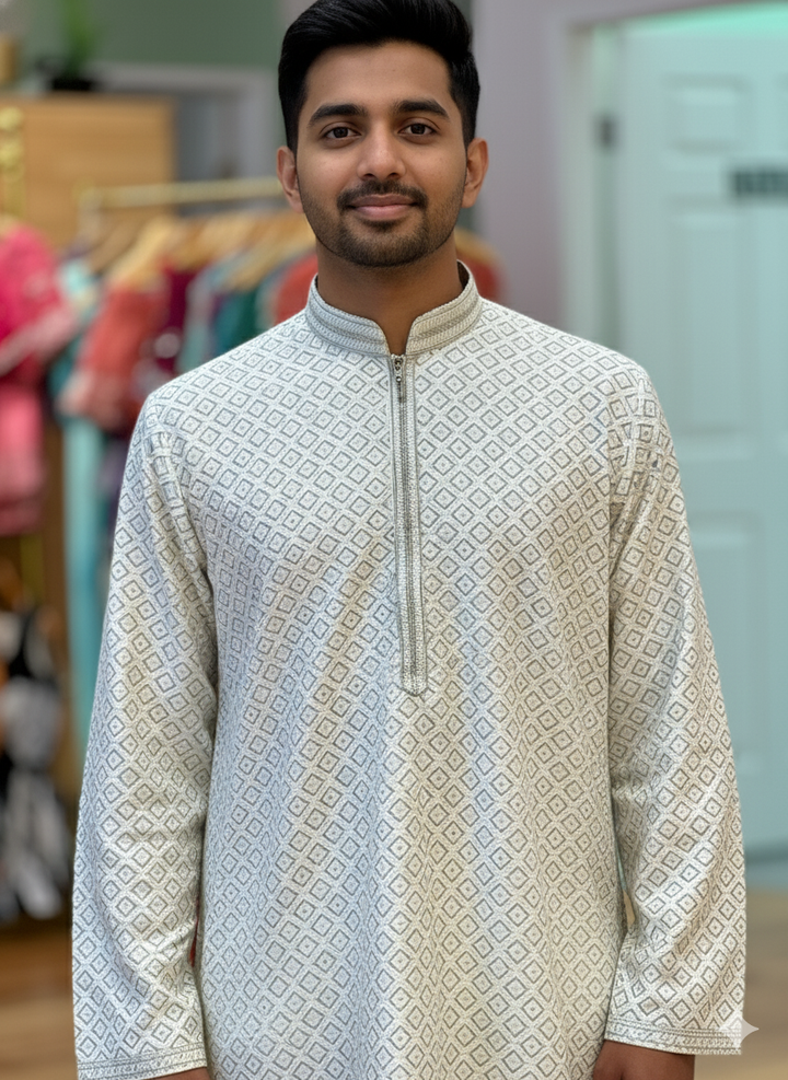 Ivory and Green Sequins Chikankari Kurta Set