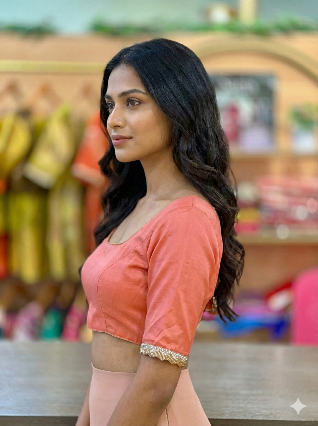 Dark Peach Silk Blouse With Embroidered Sleeve Borders