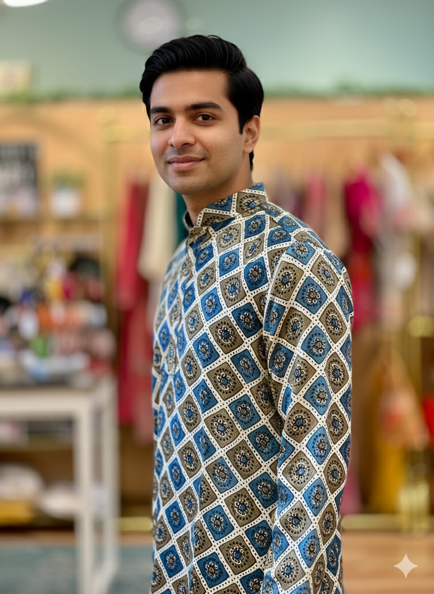 Blue And Green Gaji Silk Ajrakh Block Print Kurta