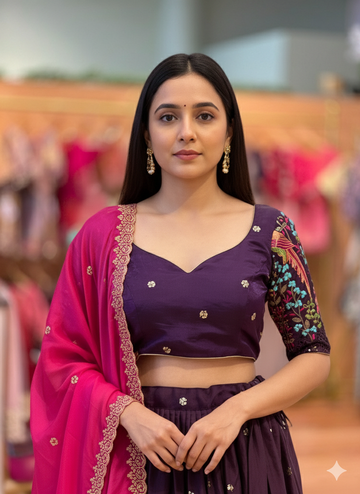 Dark Plum And Pink Embroidered Lehenga Set