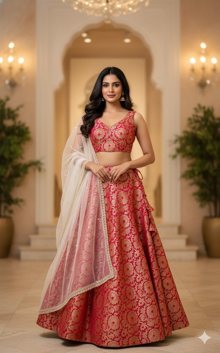 Red Benares Silk Lehenga