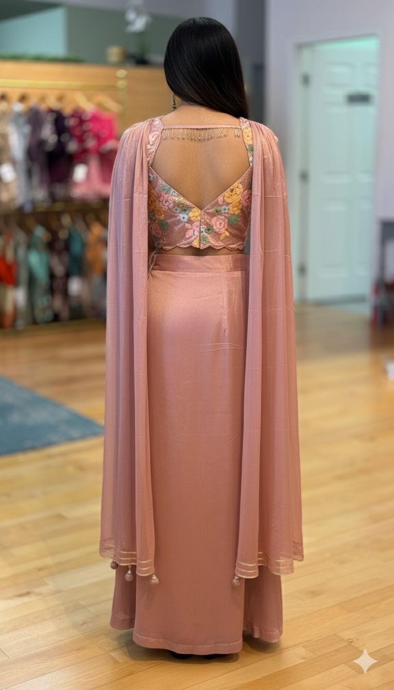 Dusty-Rose Coloured Draped Skirt With Sequins Embroidered Blouse And Choker Dupatta