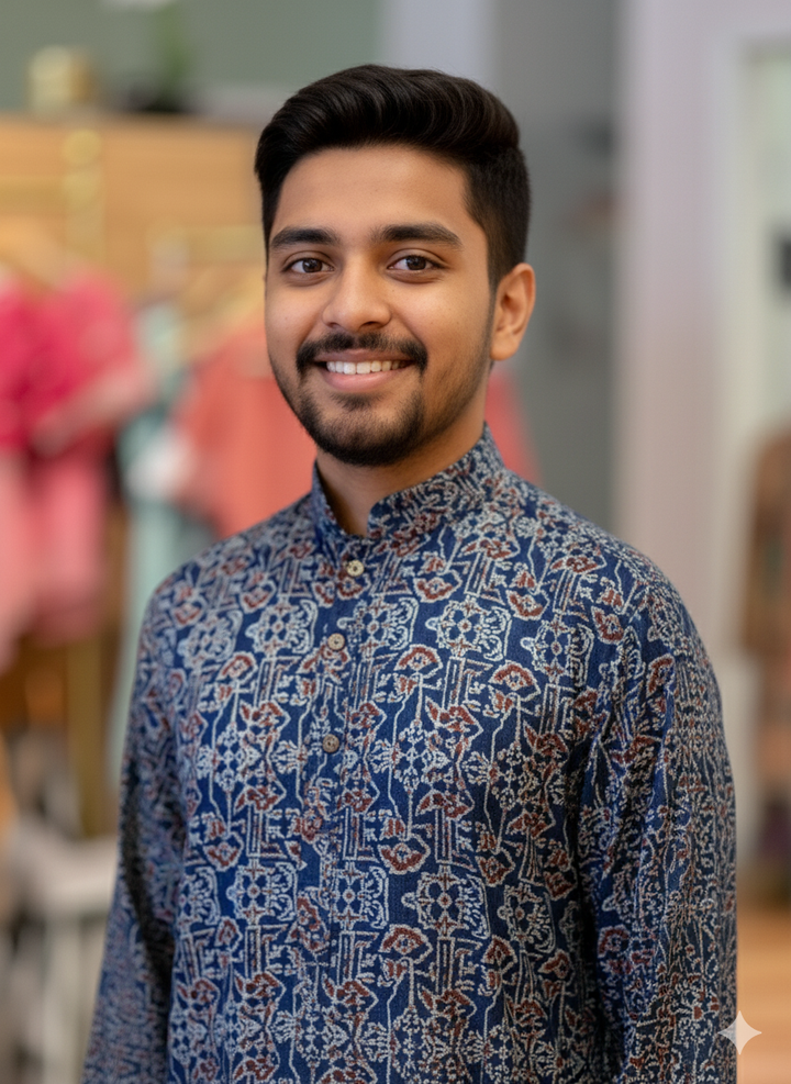 Indigo-Blue Gaji Silk Ajrakh Kurta