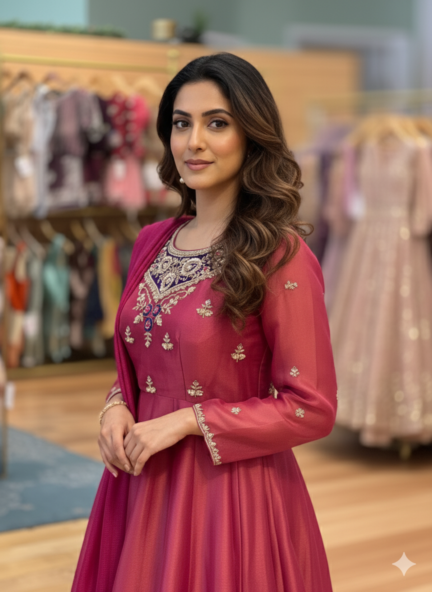 Pink Tissue Anarkali Gown With Embroidery And Dupatta