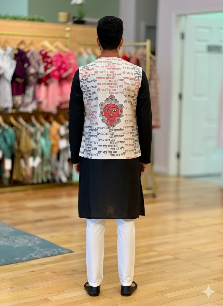 Off-White Color Base Goddess Durga Face And Calligraphy Block Print Vest