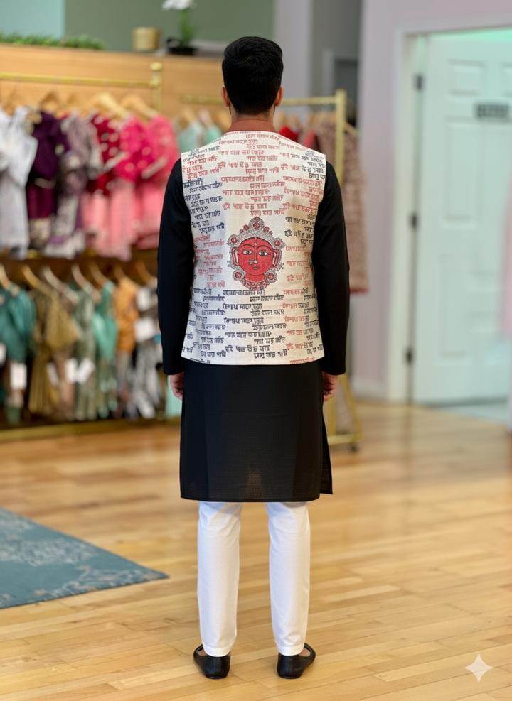 Off-White Color Base Goddess Durga Face And Calligraphy Block Print Vest