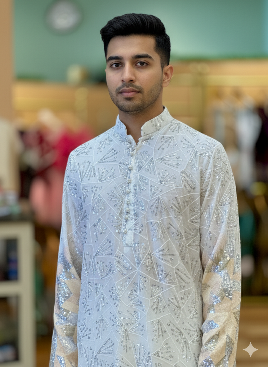 White Sequins Embroidered Kurta And Pajama