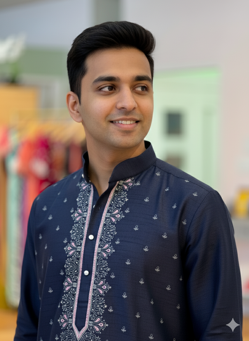 Navy Blue Kurta With Block Print Neck Line