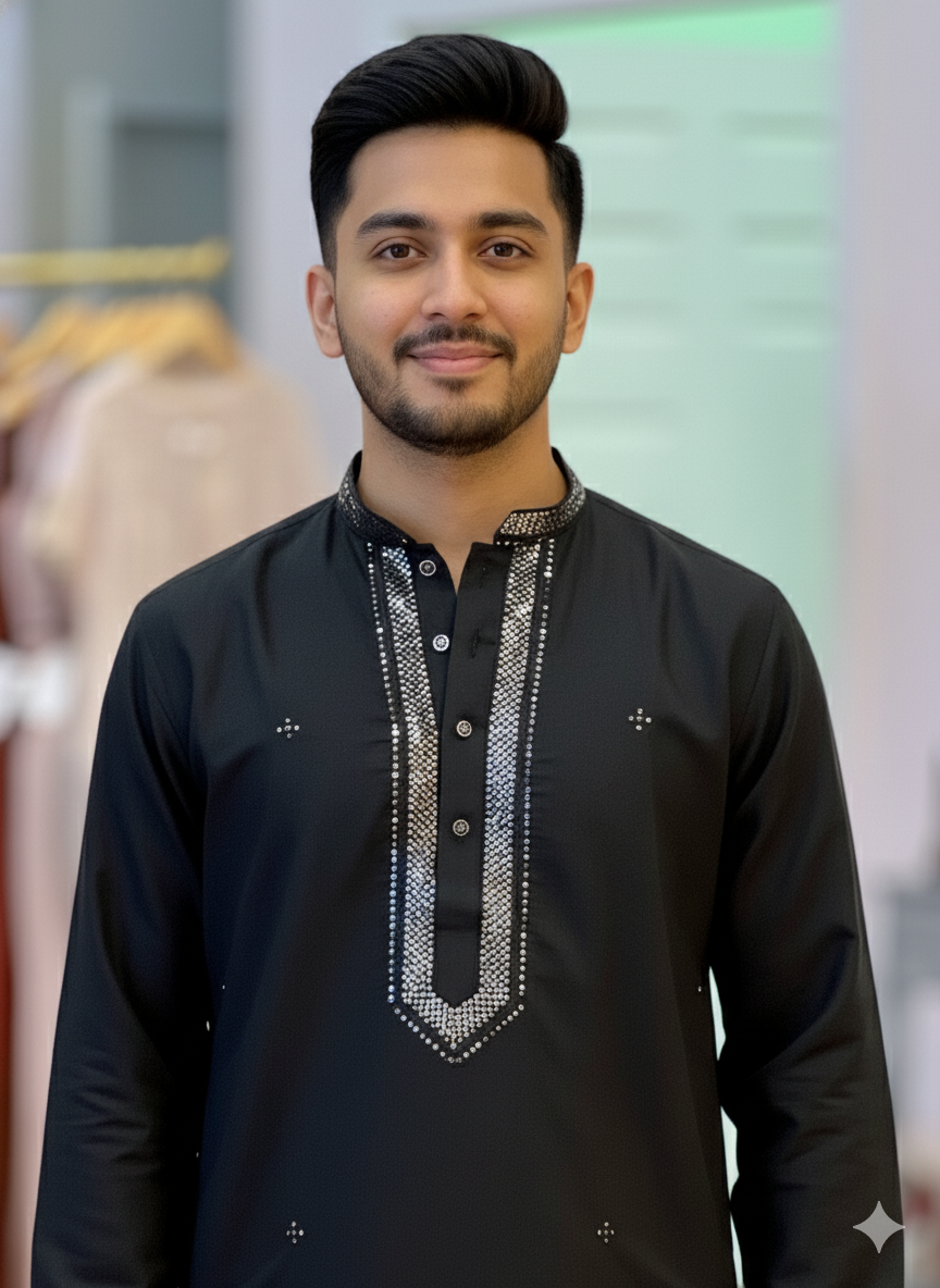 Black Kurta With Sequins Work Neckline