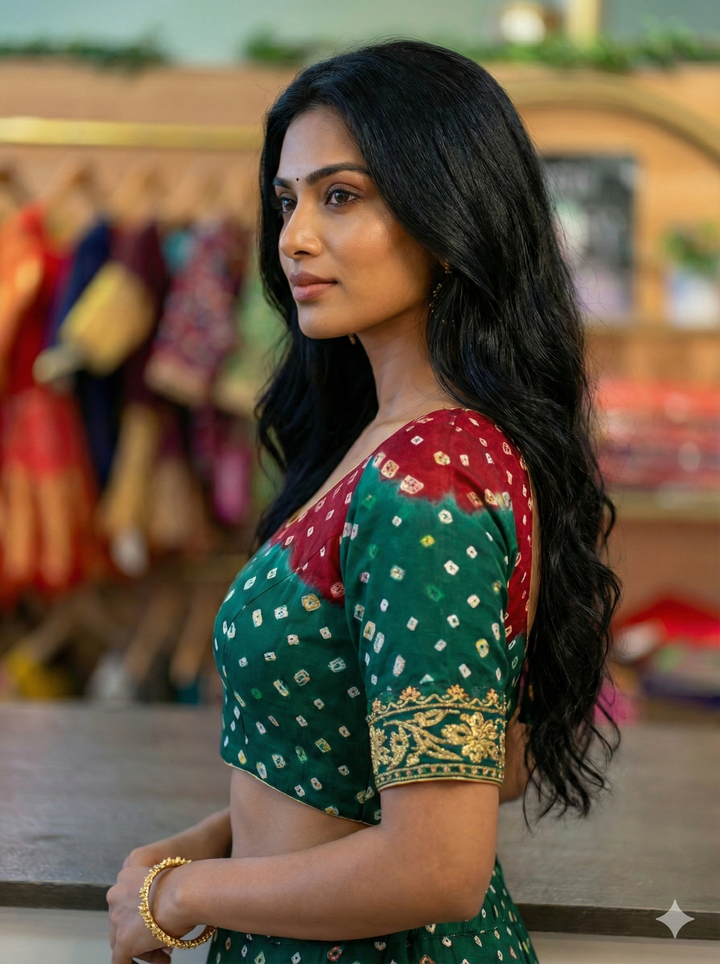 Maroon And Green Bandhani Blouse