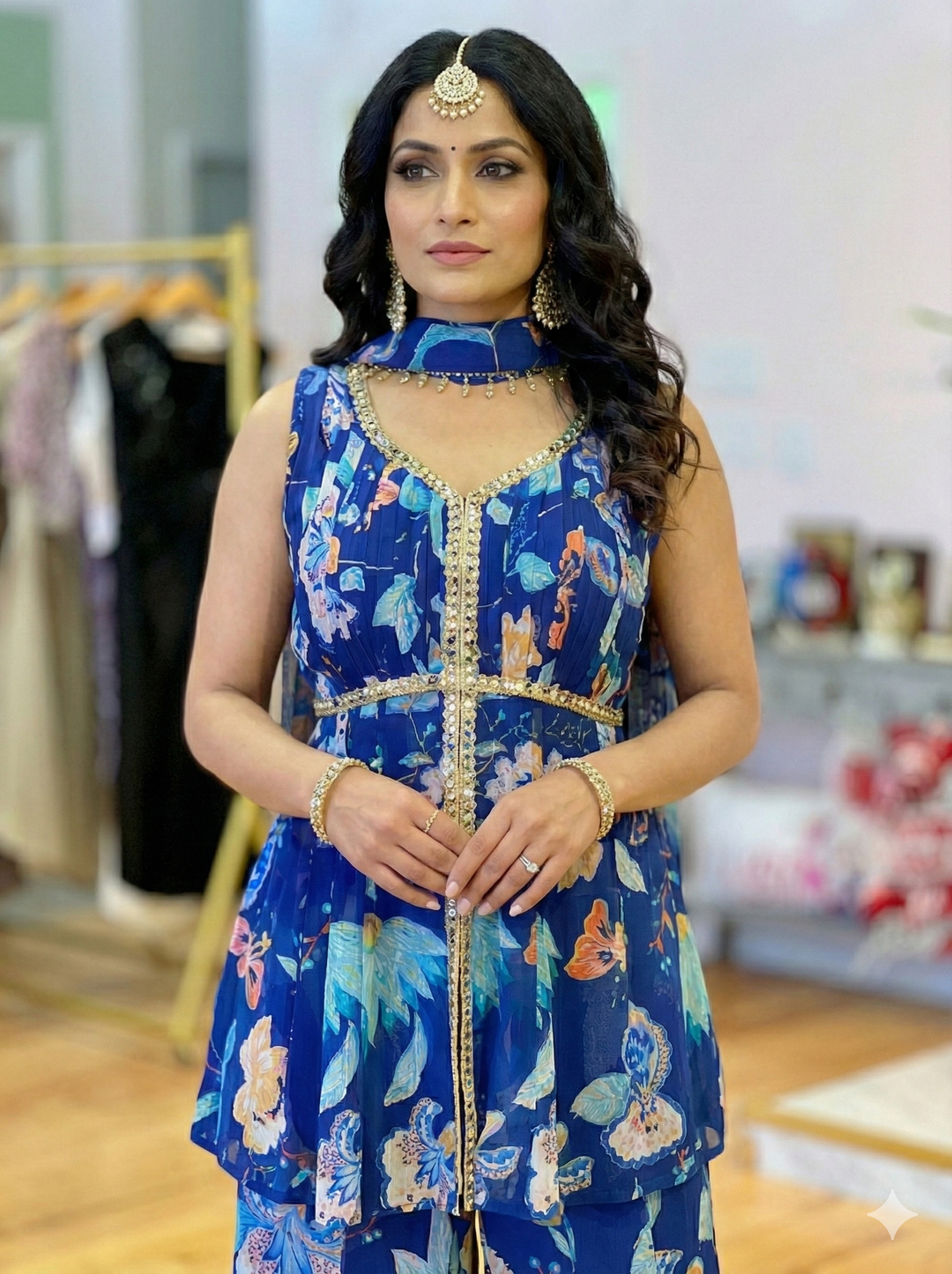 Blue Floral Print Sharara With Choker Dupatta