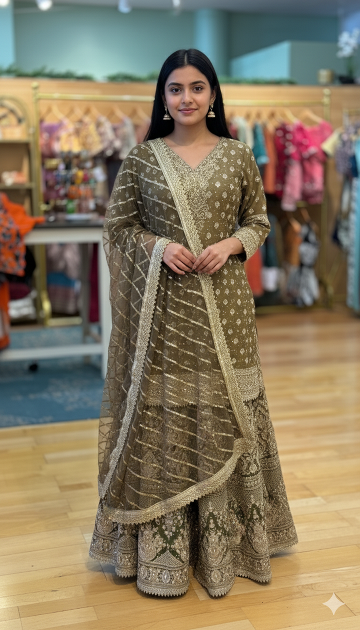 Gothic Olive Embroidered Sharara Set