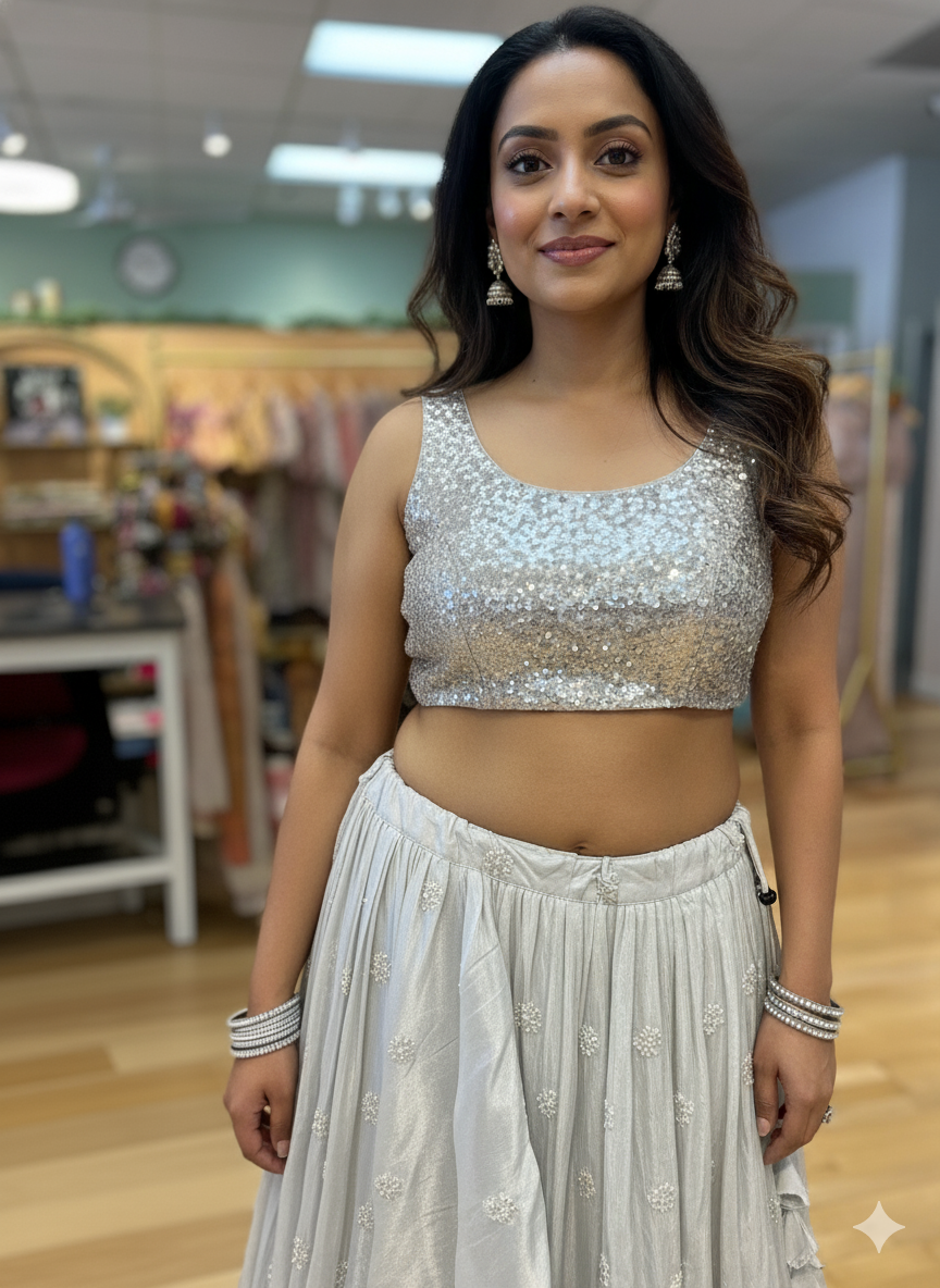 White Cutdana and Sequins Embroidered Lehenga set